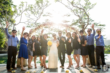 Wedding in Bukit Naga Villa Ubud Bali happy smile love wedding kiss hug together family dinner party photo tour dress and suit sunglasses