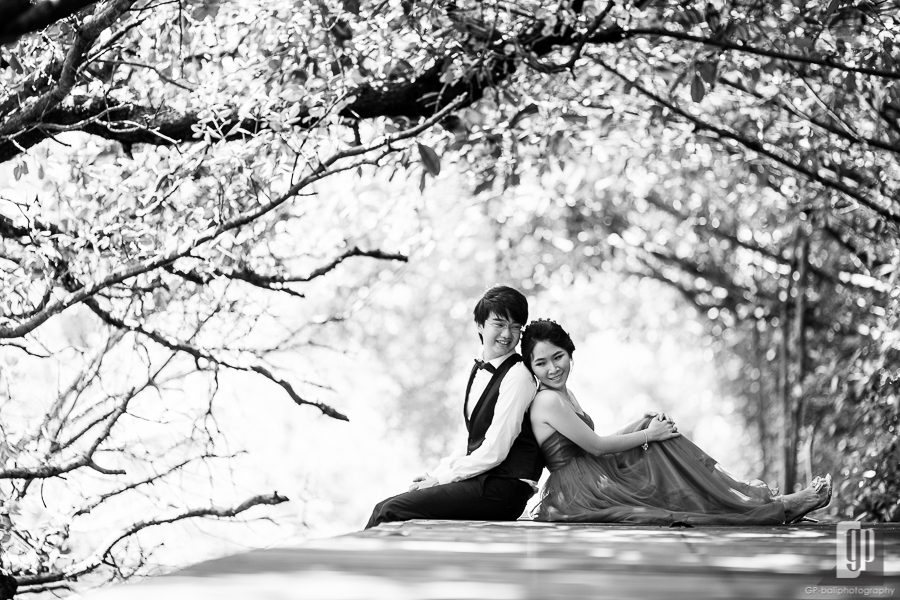 Prewedding in Mangrove Forest Bali love happy smile with couple in the intimate sun light and blue sky black and white