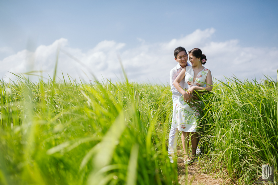 Prewedding in Bali happy love smile happy bride and groom rice fields hug kiss daylight sun prewedding casual